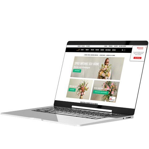 Laptop med webbutik på skärmen och Santanders shoppingassistent aktiverad