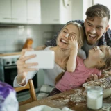 Familj tar selfie när de bakar